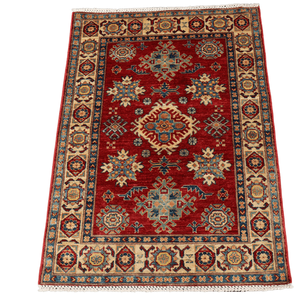 Vibrant Kazak Hand-Knotted Wool Rug with Rich Borders